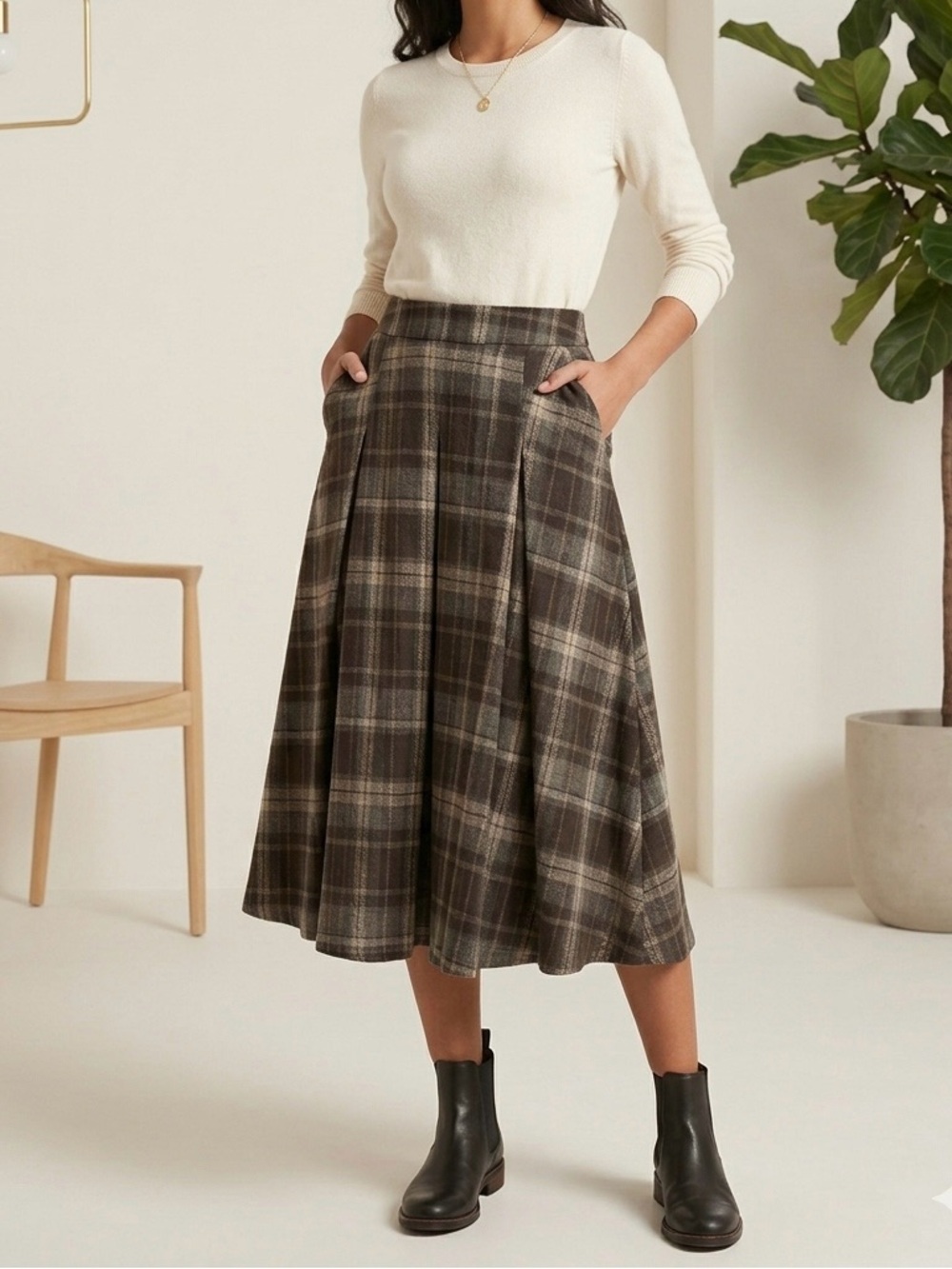 HALARA Plaid Midi Skirt in Brown and Cream